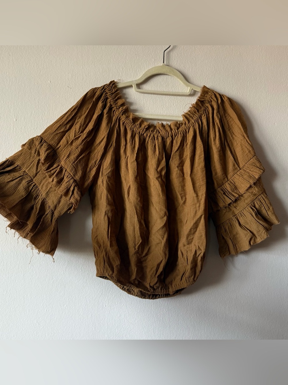 Mustard Brown Ruffle Off Shoulder Blouse